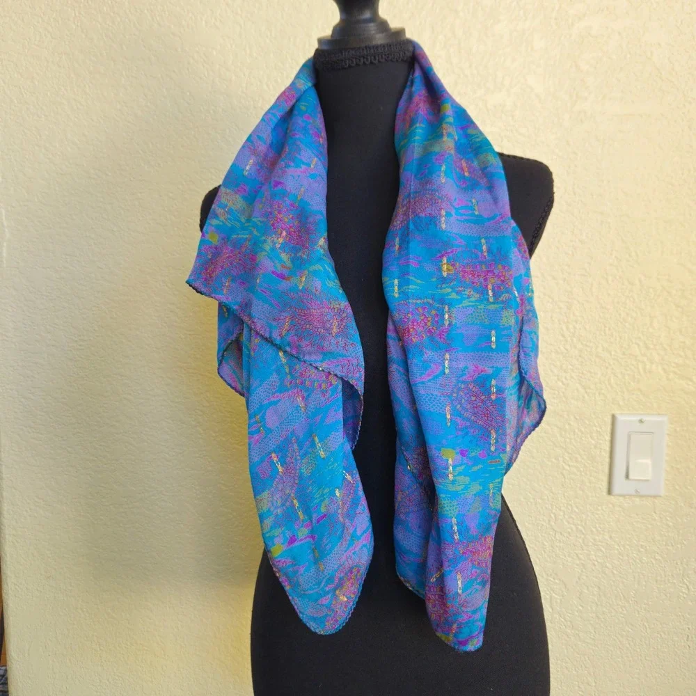 Vintage Silk Paisley Scarf Turquoise Purple Gold Metallic 35x34 Luxury Old Money